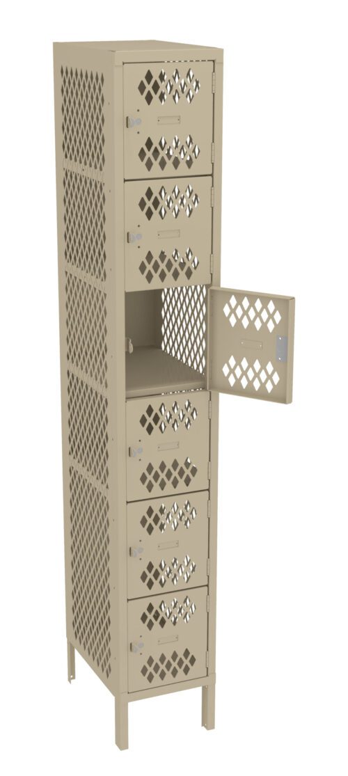 Tan metal locker with seven square compartments arranged vertically. Each compartment has a door with diamond-shaped ventilation patterns. The second door from the top is open, revealing an empty interior.