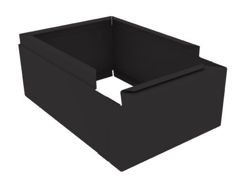 A 3D rendering of a black, empty, open-top rectangular container with straight sides and a notched edge on one side. The structure appears geometric and solid.