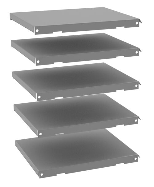 lm8tglz3an1jszdrhf53.jpg Five gray metal shelves stacked vertically in an exploded view, each with small holes at the corners.