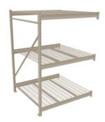 Metal shelving unit with three levels, featuring wire grid shelves. The frame has vertical supports and diagonal cross braces for stability. The shelf is empty and has a beige color.