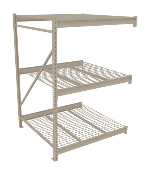 Metal shelving unit with three levels, featuring wire grid shelves. The frame has vertical supports and diagonal cross braces for stability. The shelf is empty and has a beige color.