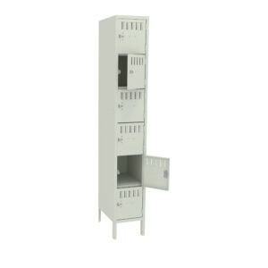 A tall, light gray metal locker unit with five compartments. Each compartment has a small ventilation grille and a latch handle. The fourth compartments door is open, while the others are closed. The locker stands on four legs.