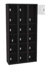 A black locker cabinet with twelve compartments, arranged in three vertical columns and four rows. One compartment door is open, showing a gray interior and a small lock mechanism on each door.