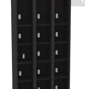 A black locker cabinet with twelve compartments, arranged in three vertical columns and four rows. One compartment door is open, showing a gray interior and a small lock mechanism on each door.