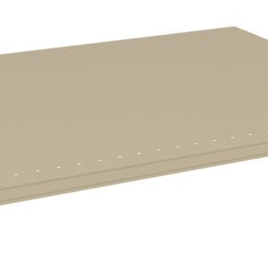 A beige, rectangular metal shelf with perforated holes along the edges. It has small metal hooks on each corner for attaching to a shelving unit.