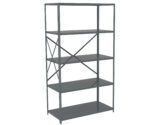A tall, empty metal shelving unit with five adjustable shelves. The shelf is gray and has a sturdy, industrial design, featuring metal rods for support at the back.