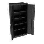 A black metal storage cabinet with two open doors revealing five adjustable shelves inside. The cabinet has a simple, industrial design and appears empty.