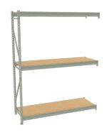 A three-tier metal shelf with wooden planks is shown against a plain white background. The shelf has a sturdy frame and evenly spaced shelves, suitable for storage or organizational use.