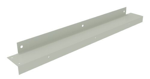 A long, flat metal bracket with flanges on either side and several holes for mounting. The bracket is light gray and viewed from an angle, showing its linear and symmetrical shape.