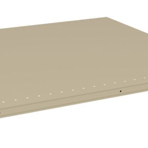 Beige metal shelf with small evenly spaced holes along the edges, situated against a plain white background.
