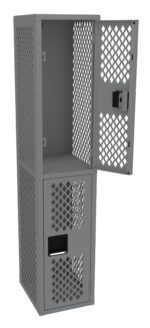 Gray perforated locker with a two-tier design. The top compartment is open with the door slightly ajar, while the bottom compartment door is closed. Both sections have a grid-like pattern on the doors for ventilation.