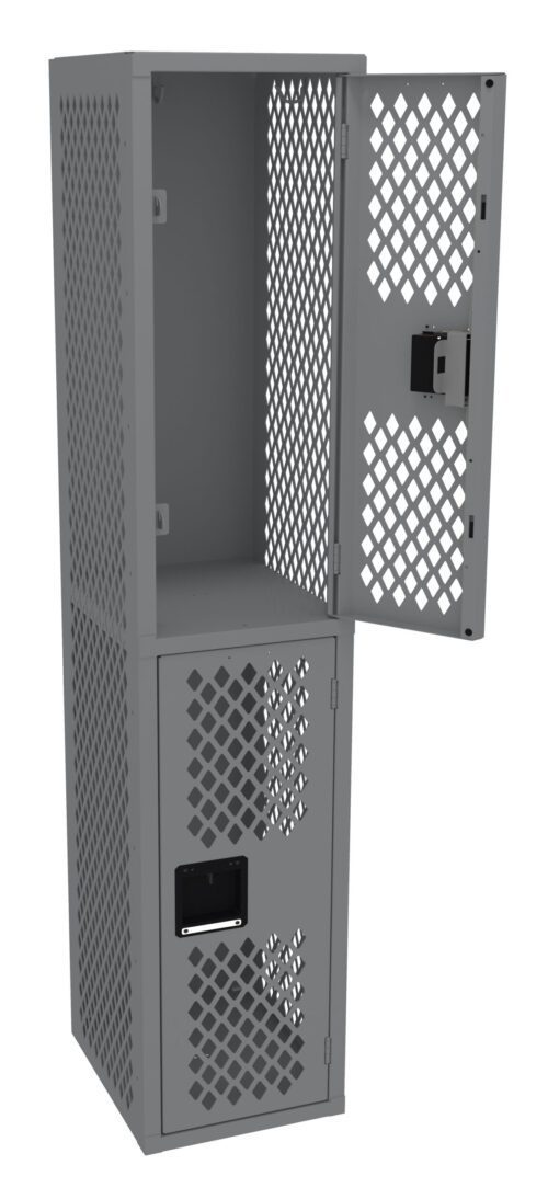Gray perforated locker with a two-tier design. The top compartment is open with the door slightly ajar, while the bottom compartment door is closed. Both sections have a grid-like pattern on the doors for ventilation.