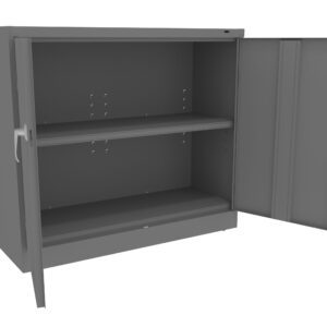 A gray metal cabinet with two open doors, revealing one internal shelf in the middle. The cabinet is empty and has a simple, industrial design.