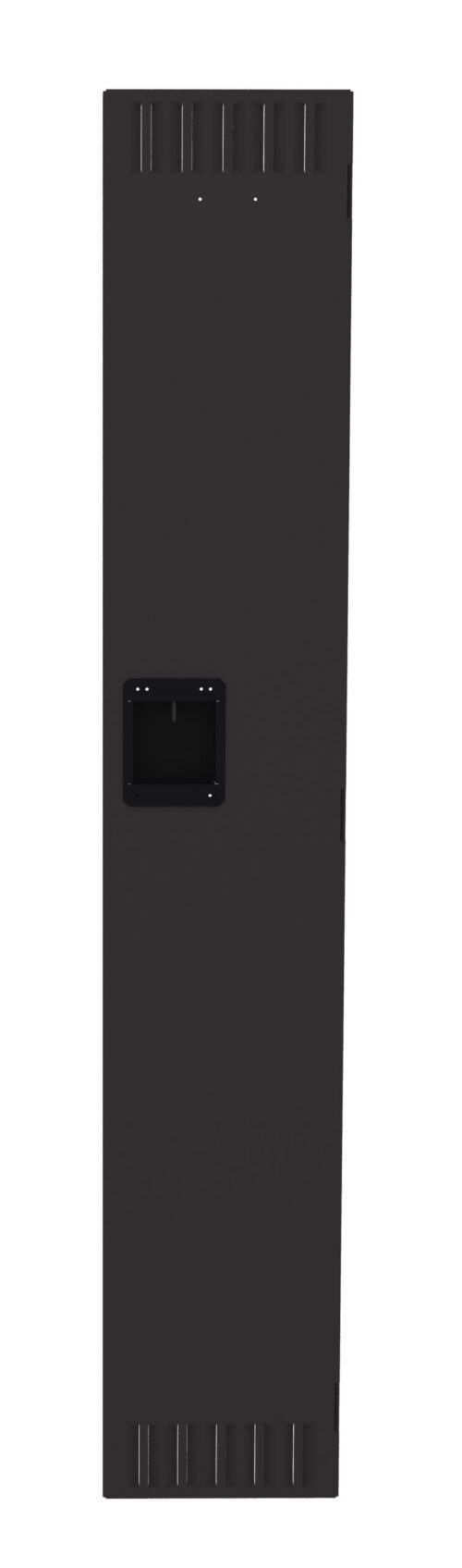Tall, black rectangular locker door with a black latch handle, against a white background.