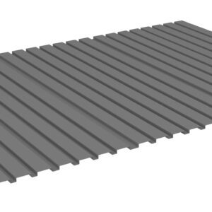 A rectangular sheet of corrugated metal with parallel ridges, displayed against a plain white background, showcasing its uniform design and metallic texture.