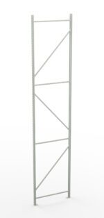 A tall, metal frame standing vertically against a white background, featuring diagonal and horizontal beams forming geometric shapes. It appears to be part of a shelving or storage unit structure.