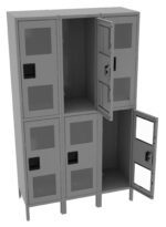 A metal storage unit with six compartments. Two doors are open, one showing an empty interior with shelves. The unit stands on four legs and each compartment has a rectangular transparent panel.
