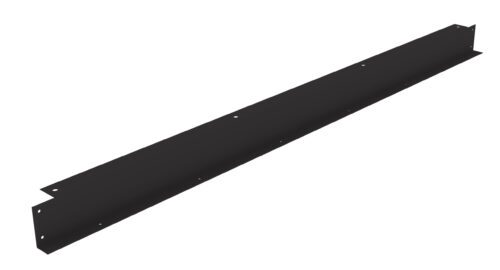 A long, black metal bracket with a rectangular shape and several small holes along its length. It has bent edges on both ends.