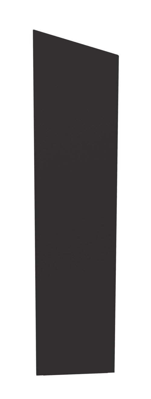 A tall, black rectangular object standing upright on a white background. The object has a slight tilt to the left.