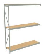 A three-tiered metal shelving unit with wooden shelves is shown against a white background. The shelves are supported by vertical metal bars on the left and right sides.