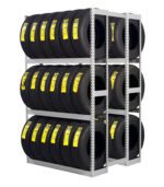 A metal rack displaying three rows of tires, each with a yellow label. There are two sections, each holding ten tires. The tires are stacked neatly, showcasing their tread patterns. The background is white.