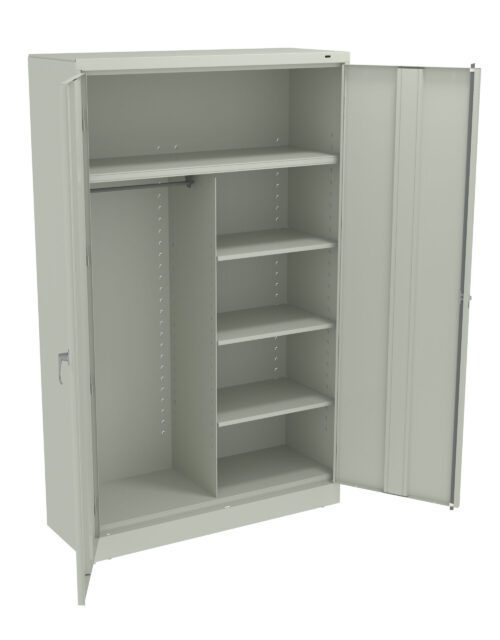A light gray metal cabinet with two open doors, featuring a hanging rod on the left and four adjustable shelves on the right. The cabinet has a handle on the left door and a simple, utilitarian design.
