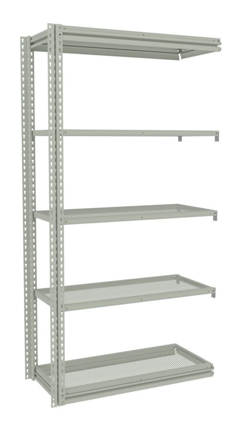 lr1wm6sbv0wkw4zsdsgi.jpg A metal shelving unit with five perforated shelves, designed for storage. It has a simple, industrial look with vertical supports and adjustable shelf heights. The unit is light gray and stands against a white background.