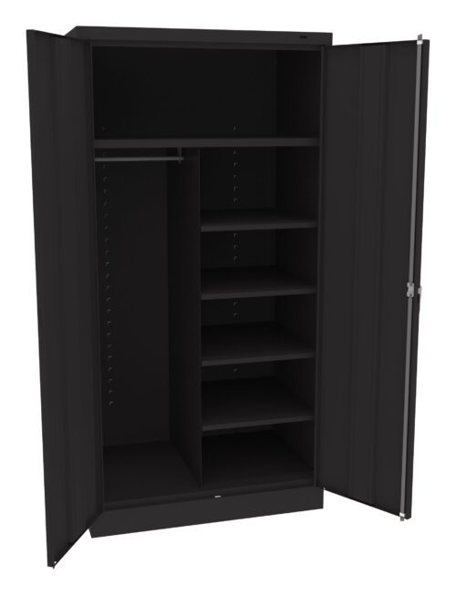 lr6fd3nkhecuhw1iuz7j.jpg Open black metal wardrobe with two doors. The interior features a left section with a hanging rod and a shelf above it, and a right section with five adjustable shelves.