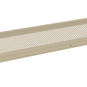 A beige metal mesh shelf with hooks on each corner for installation. The design features perforated holes across the surface, suitable for ventilation or storage in various settings.