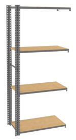 A metal shelving unit with four wooden shelves is shown. The frame is made of metal with perforations along the edges, and the wooden shelves are evenly spaced. The unit is empty and positioned upright.