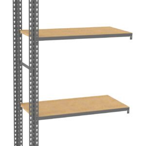A metal shelving unit with four wooden shelves is shown. The frame is made of metal with perforations along the edges, and the wooden shelves are evenly spaced. The unit is empty and positioned upright.
