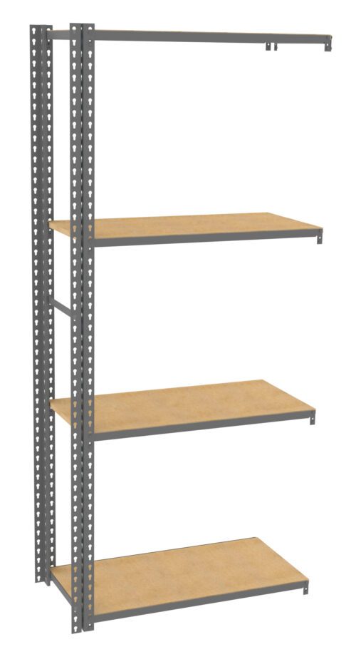 A metal shelving unit with four wooden shelves is shown. The frame is made of metal with perforations along the edges, and the wooden shelves are evenly spaced. The unit is empty and positioned upright.