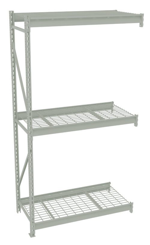 A gray metal shelving unit with three wireframe shelves. The unit has vertical supports with adjustable slots, allowing for customizable shelf heights. The design is open and industrial, suitable for storage or organizing spaces.