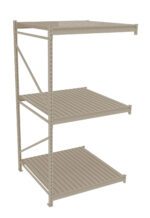 Metal shelving unit with three horizontal slatted shelves. The structure is beige with vertical support beams and diagonal bracing for stability. It is empty, standing against a white background.