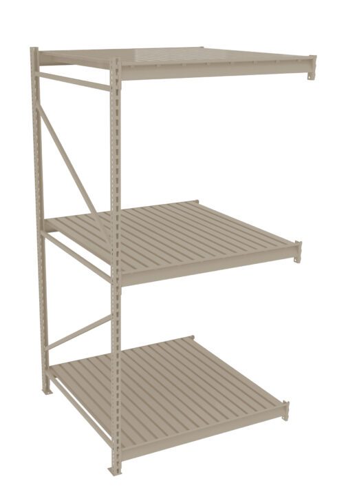 Metal shelving unit with three horizontal slatted shelves. The structure is beige with vertical support beams and diagonal bracing for stability. It is empty, standing against a white background.