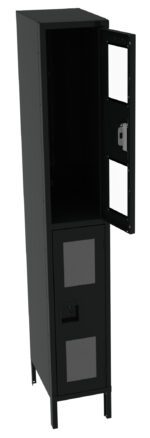 A tall, black metal locker with two compartments. The top compartment is open, showing an empty interior. The lower compartment is closed, featuring two vented panels. Some sections have screen-like material on the doors.