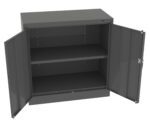 A black metal storage cabinet with two open doors, revealing two shelves inside. The cabinet is set against a plain white background.