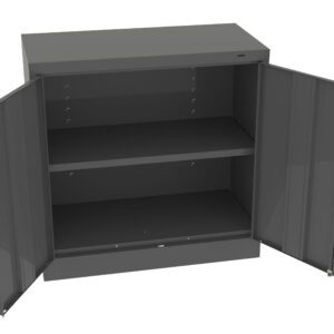 A black metal storage cabinet with two open doors, revealing two shelves inside. The cabinet is set against a plain white background.