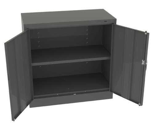 lsh5ri71duqketsdsip8.jpg A black metal storage cabinet with two open doors, revealing two shelves inside. The cabinet is set against a plain white background.