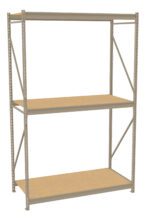 A metal storage shelf with three wooden particle board shelves. It has a simple, industrial design with vertical supports and cross beams for stability. The shelf is empty and stands against a plain white background.