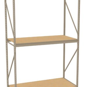 A metal storage shelf with three wooden particle board shelves. It has a simple, industrial design with vertical supports and cross beams for stability. The shelf is empty and stands against a plain white background.