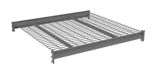A metal wire shelf with a grid pattern, featuring two parallel support beams underneath, and bracket fixtures on each corner for mounting or attaching. The shelf is designed for storage or organizational purposes.