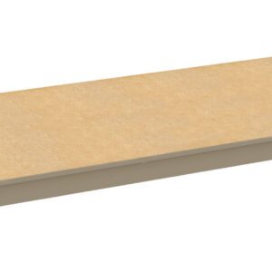 A rectangular wooden shelf with metal brackets on the corners, viewed at an angle. The surface is smooth and light brown, with a simple and functional design.