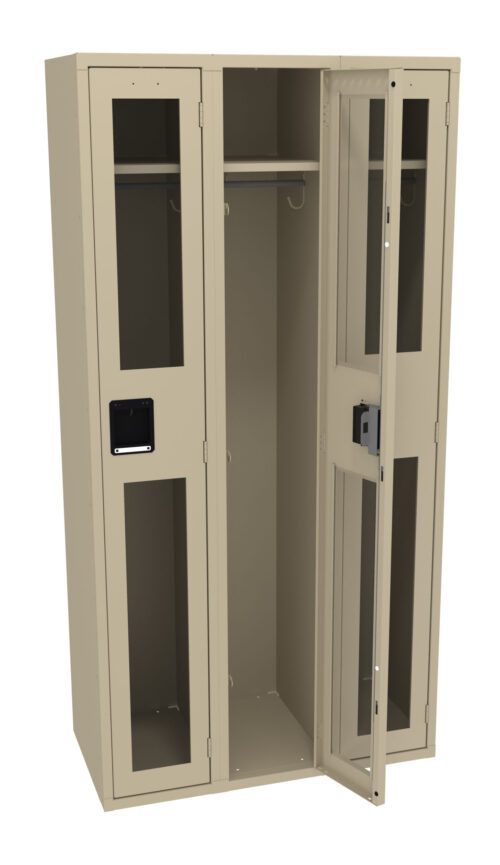 A beige metal locker with two compartments, one with an open door revealing a hanging rod inside. The locker features transparent panels on both doors and a black lock mechanism on each.