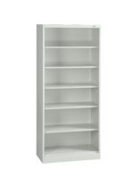 A white, six-shelf bookcase with a minimalist design. The shelves are evenly spaced and the unit is shown against a plain background.