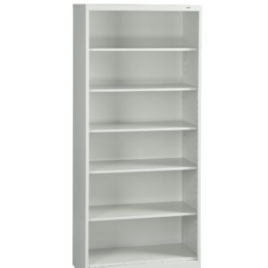 A white, six-shelf bookcase with a minimalist design. The shelves are evenly spaced and the unit is shown against a plain background.