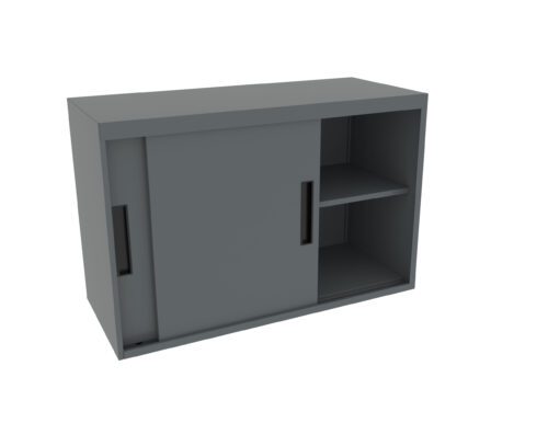 A gray, rectangular cabinet with sliding doors. The left door is closed, and the right door is open, revealing two shelves. The cabinet has simple, modern handles.