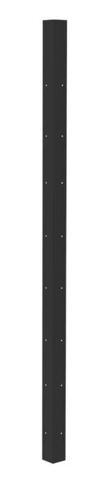 A tall, slender, black rectangular post with evenly spaced small holes running down its length, set against a plain white background.