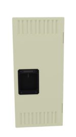 A beige rectangular metal door with a black square handle and ventilation slits on the top and bottom. The door has a minimalistic design and is set against a plain white background.