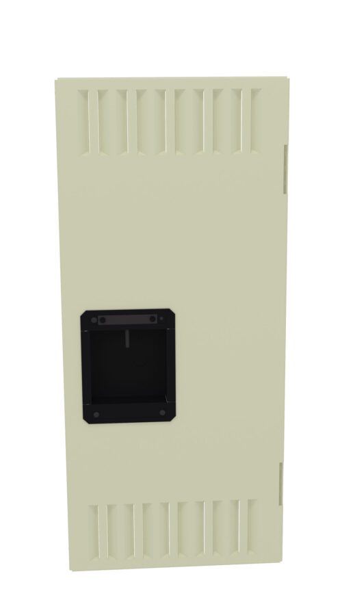 lukoma1njfowzijh7ers.jpg A beige rectangular metal door with a black square handle and ventilation slits on the top and bottom. The door has a minimalistic design and is set against a plain white background.